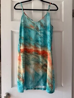 Tie-Dye Silk Slip Dress in Turquoise & Coral